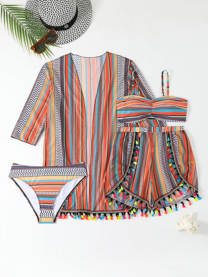 Women's bikini set with trendy beach kimono and colorful tassels Mune Fashion