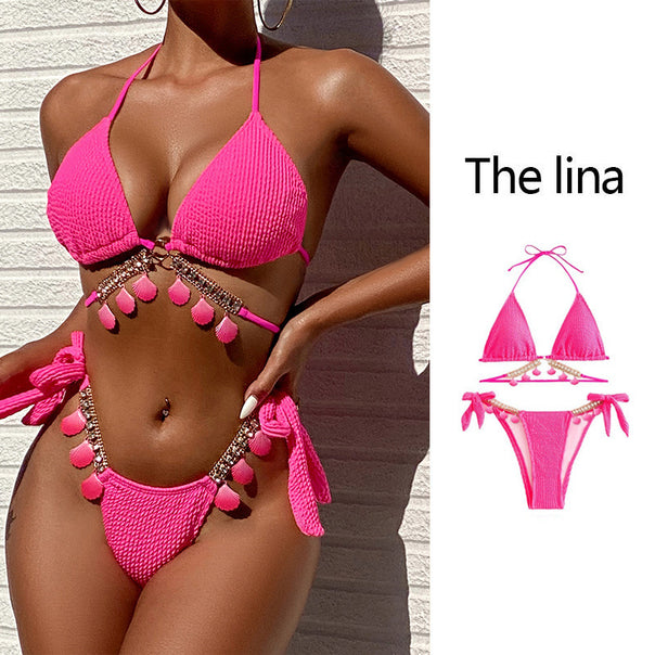 Women's triangle bikini with playful ruffle design and golden accents Mune Fashion