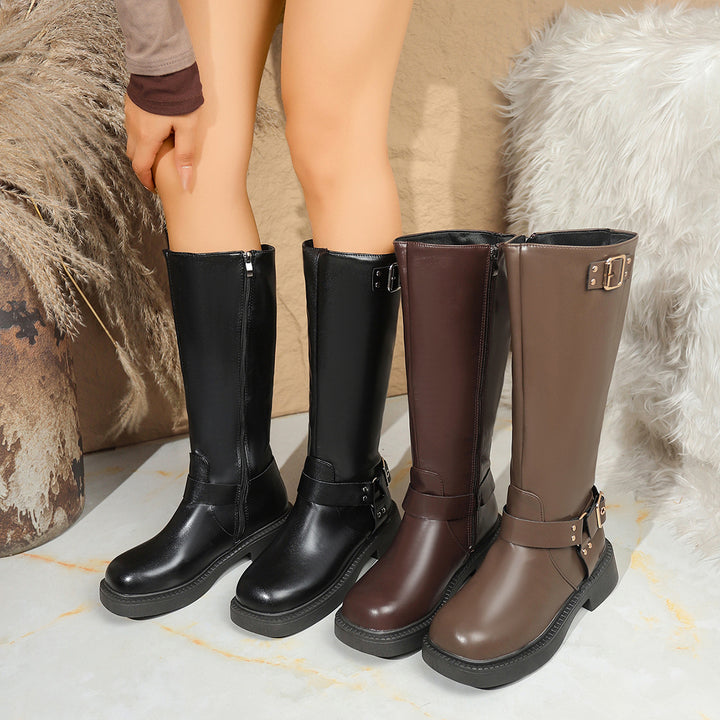 Ladies Knee-High Biker Boots with Side Zipper and Decorative Buckles Mune Fashion
