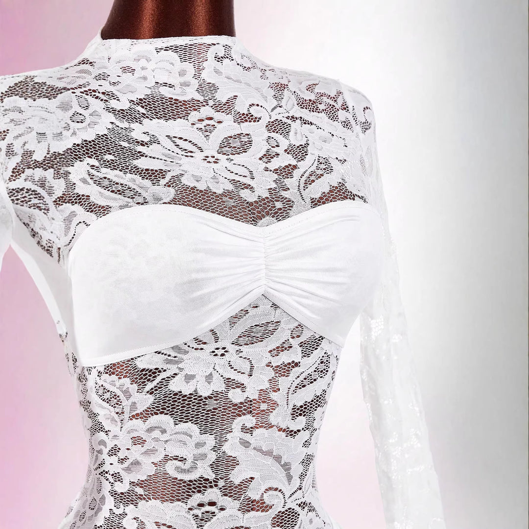 Women transparent lace mini dress with bandeau insert, gathered wrap skirt and long sleeves Mune Fashion