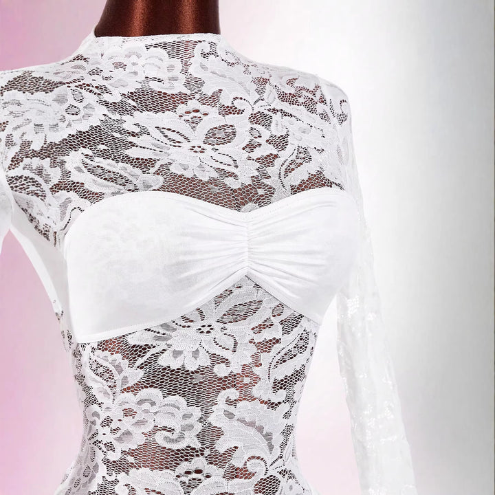 Women transparent lace mini dress with bandeau insert, gathered wrap skirt and long sleeves Mune Fashion