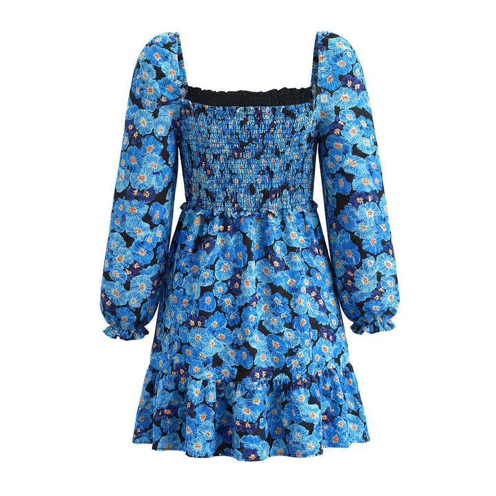 Women's Midi Dress with Shirred Bodice, Ruffled Hem and Long Balloon Sleeves Mune Fashion