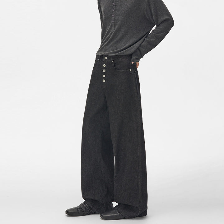 Men's High-Waisted Wide Denim Pants with Visible Button Placket and Extra Long Hem Mune Fashion