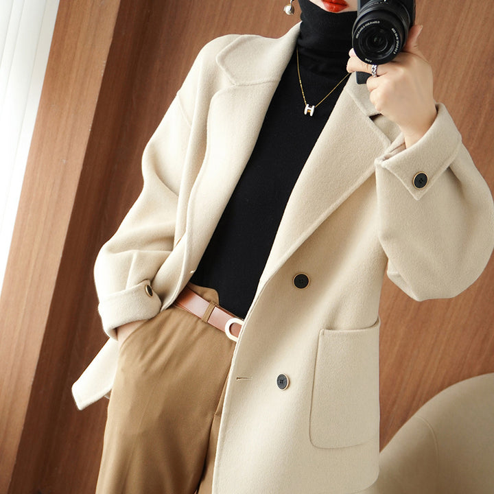 Women's Short Double-Breasted Wool Blend Coat with Notched Collar and Boxy Oversized Silhouette Mune Fashion