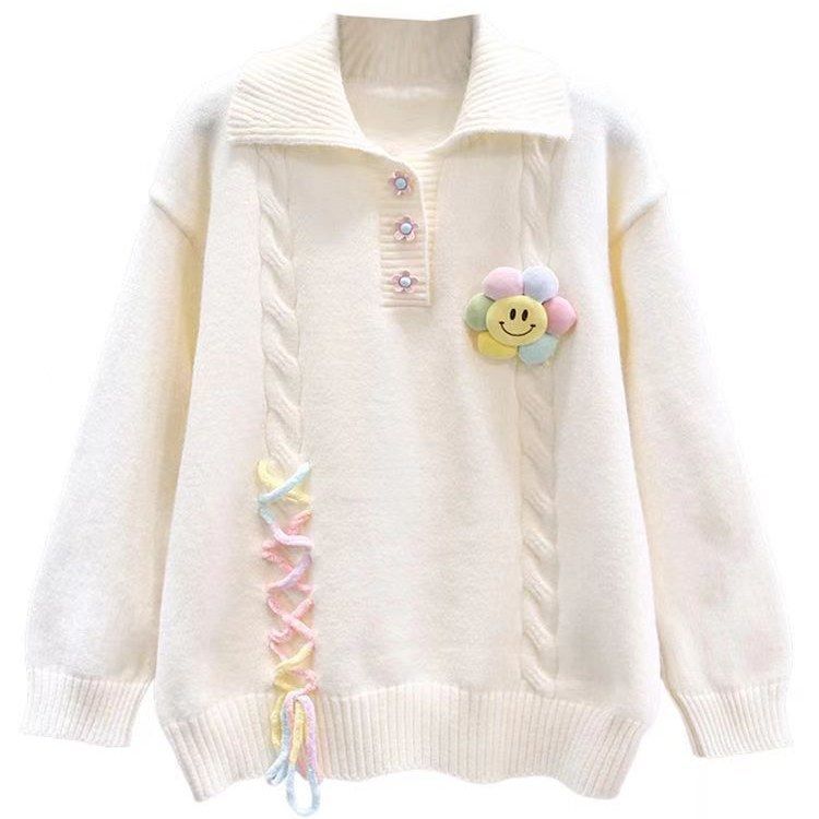 Women's Fashionable Sweater with Flower Applications and Cable Pattern Mune Fashion
