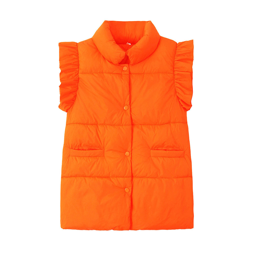 Women's sleeveless quilted vest with ruffled sleeves, stand-up collar, and concealed snap buttons Mune Fashion
