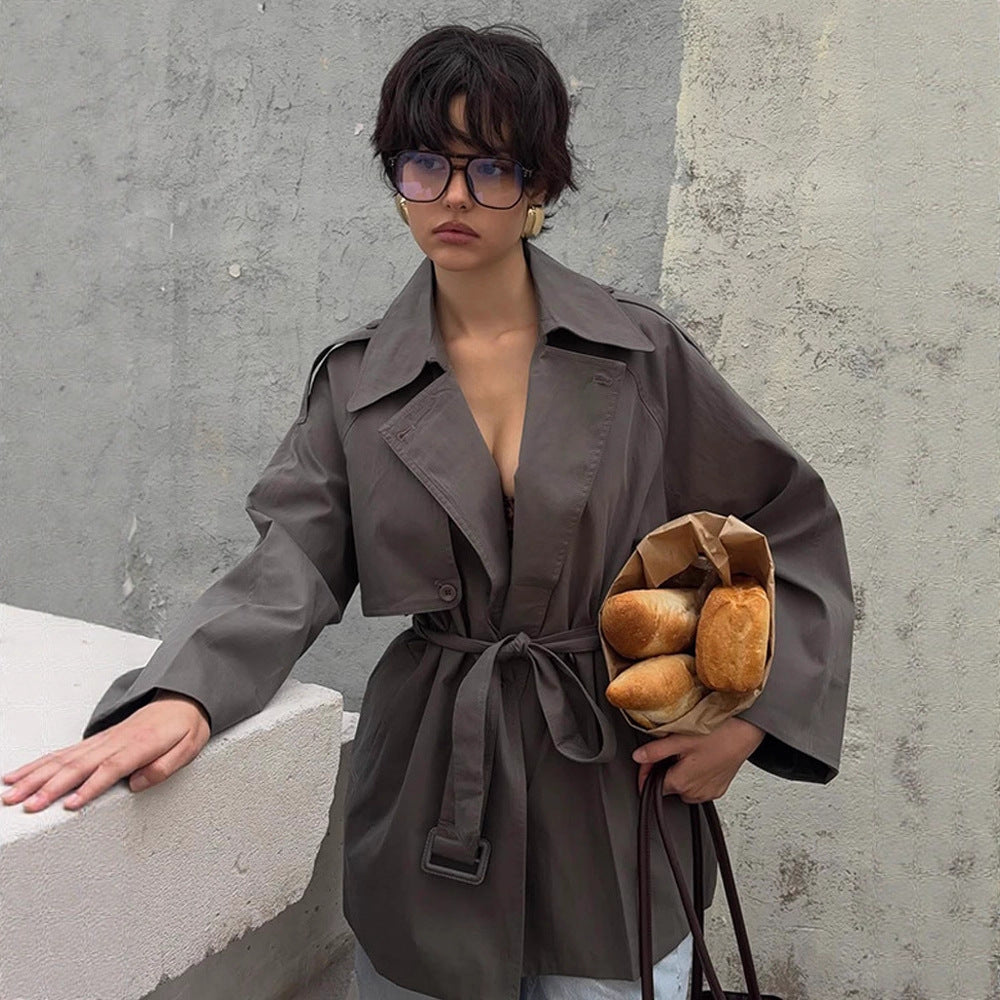 Women Short Trench Coat with Tied Belt and Oversized Sleeves Mune Fashion