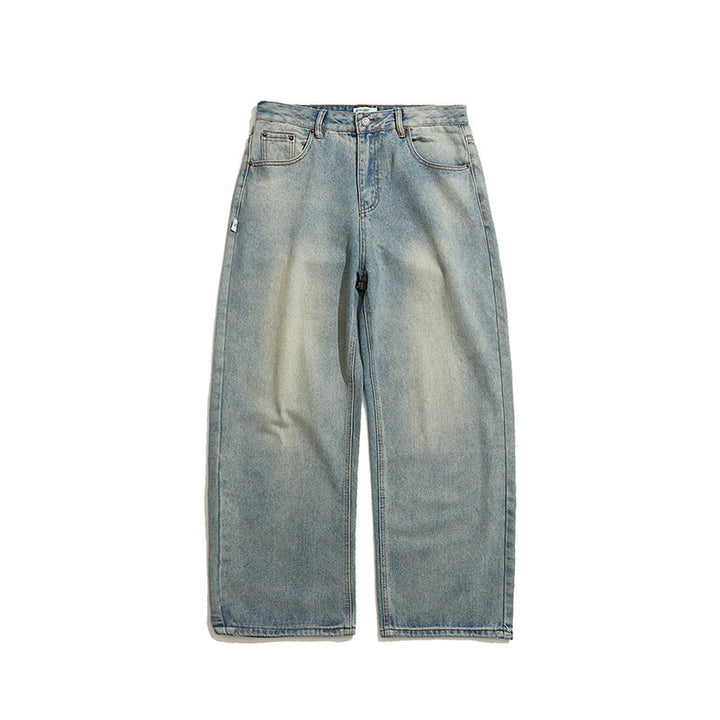Men's Wide-Leg Denim Pants with High Waist, Vintage Wash and Five-Pocket Details Mune Fashion