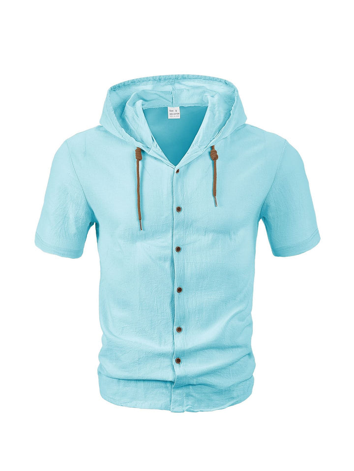 Men's crinkled short-sleeve hooded shirt made of cotton with button placket and drawstring Mune Fashion