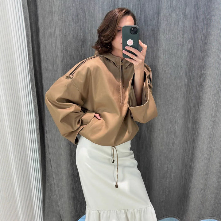 Women’s Oversized Hoodie with Half Zipper, Balloon Sleeves & Drawstring Mune Fashion