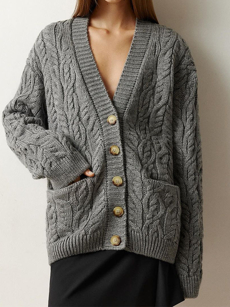 Women Oversize Cable Knit Cardigan with V-Neck and Patch Pockets Mune Fashion