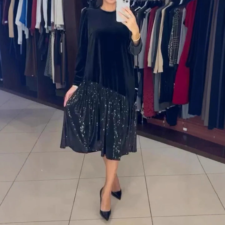 Women's Velvet Midi Dress with Pleated Sequin Skirt, Loose A-Line Cut and Round Neckline Mune Fashion