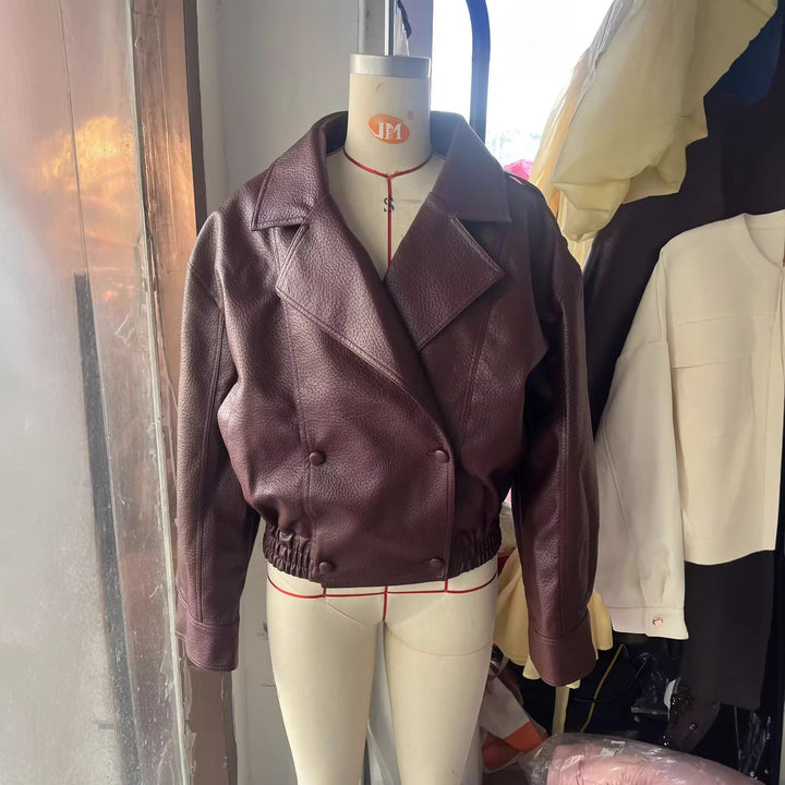 Women's cropped double-breasted faux leather blouson with wide collar and elastic hem Mune Fashion