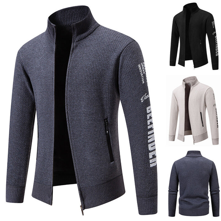 Men's Structured Knit Zip Jacket with Waffle Texture, Stand Collar and Zipper Pockets Mune Fashion