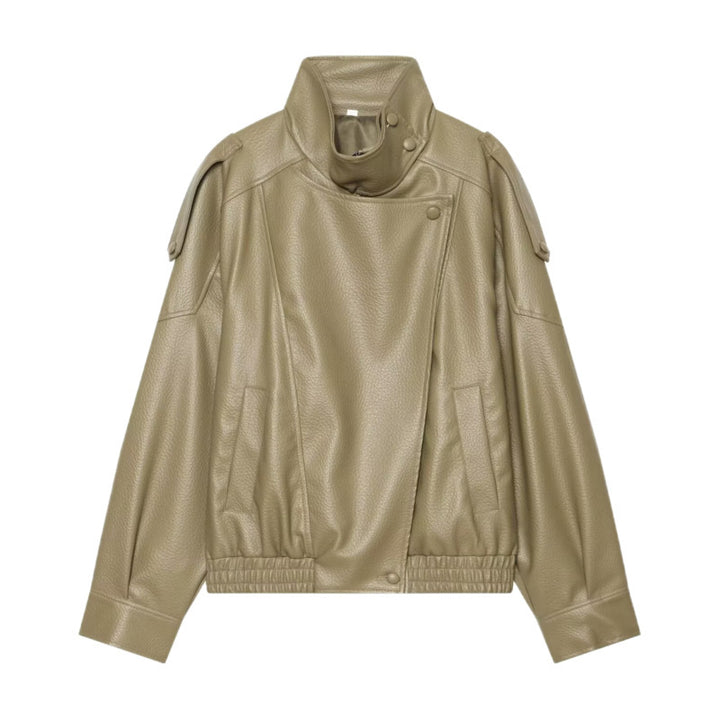 Women Faux Leather Bomber Jacket with High Stand Collar, Asymmetrical Closure and Elastic Hem Mune Fashion