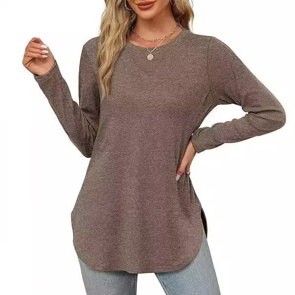 Women's Casual Long Sleeve Tunic Top with Round Neck, Side Slits and Watercolor Leaf Print Mune Fashion