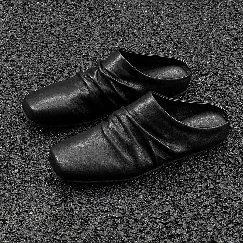 Women's Leather Mules with Square Toe and Gathered Upper Material Mune Fashion