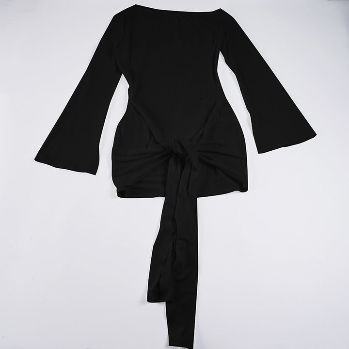 Women's fitted wrap shirt with wide trumpet sleeves and extra long tie band Mune Fashion