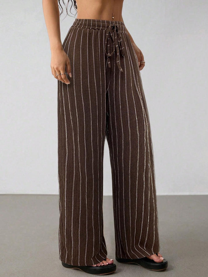 Women's Wide Knit Pants with High Waist and Drawstring Mune Fashion