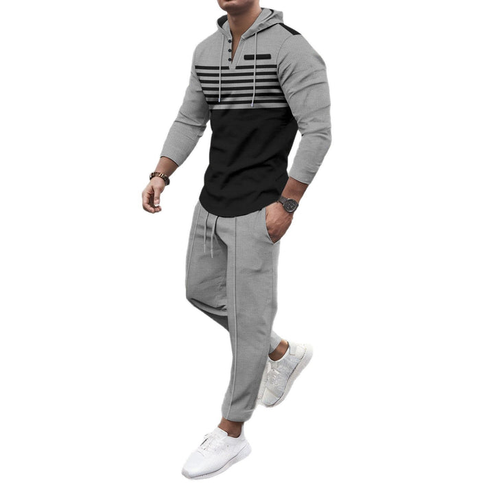 Men's Henley Hoodie Lounge Set with Striped Yoke, Half Placket, and Tapered Jogging Pants Mune Fashion