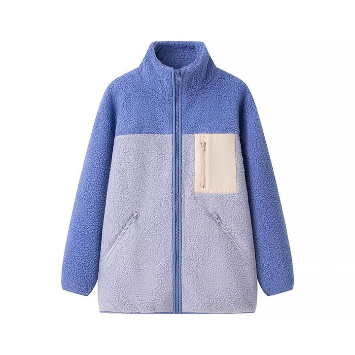 Women's Oversize Teddy-Fleece Jacket with Color Block, Stand Collar and Zipper Pockets Mune Fashion