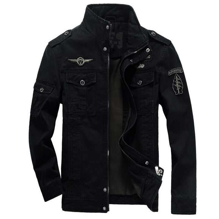 Men's Military Canvas Field Jacket with Stand Collar, Flap Pockets and Badge Mune Fashion