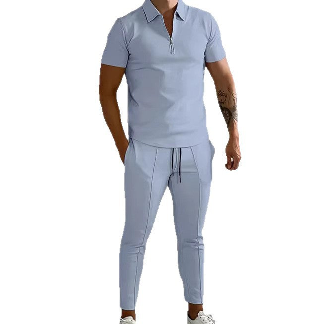 Men's Sporty Short Sleeve Polo Shirt and Pant Set