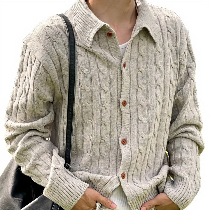 Men's cardigan with cable pattern, shirt collar and full button placket Mune Fashion