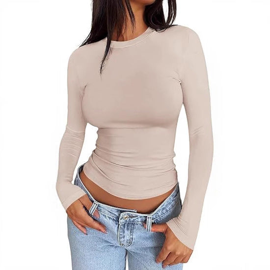 Ladies Body-hugging Long Sleeve Shirt in Cropped Look with Extended Sleeves and Thumb Hole Mune Fashion