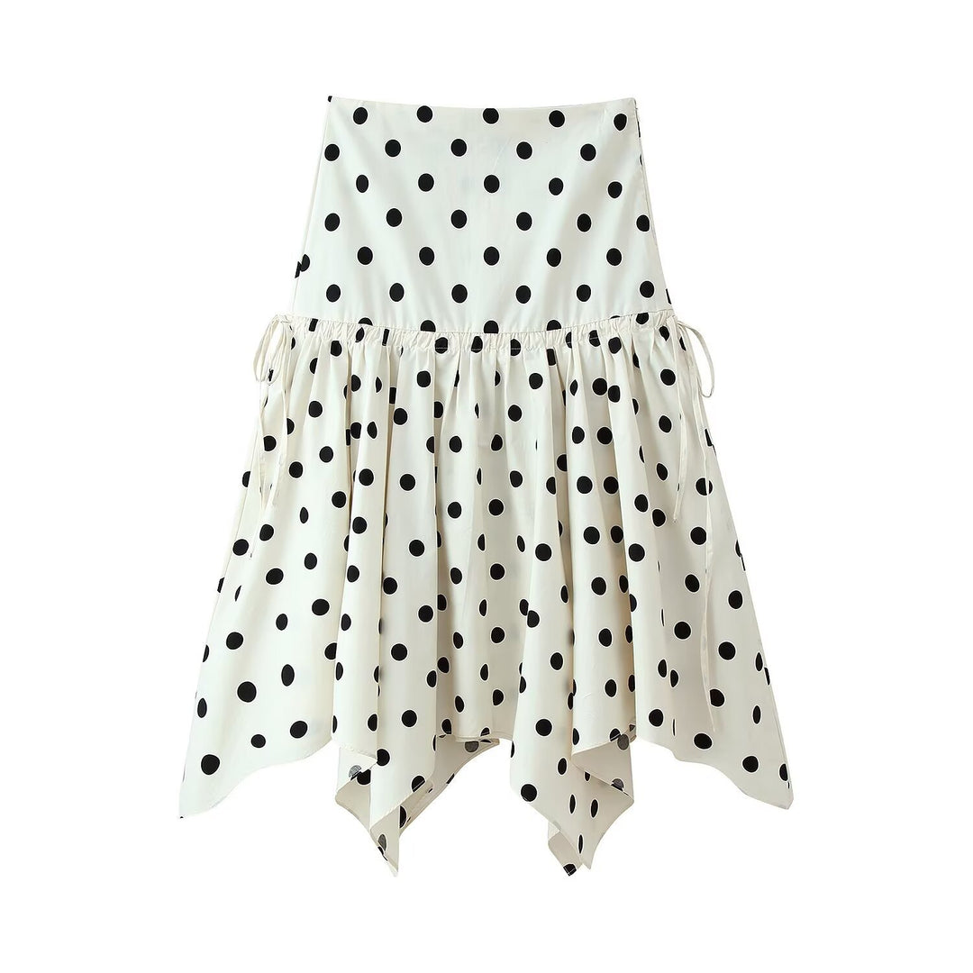 Women's tiered skirt made of lightweight viscose with polka dot print and asymmetrical pointed hem Mune Fashion