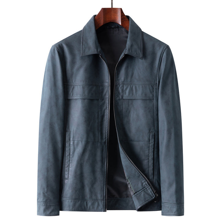 Men's Elegant Velvet Leather Transitional Jacket with Zipper and Shirt Collar Mune Fashion
