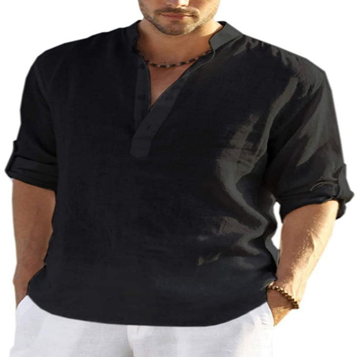 Men's casual linen shirt with stand-up collar, half placket, and roll-up sleeves Mune Fashion