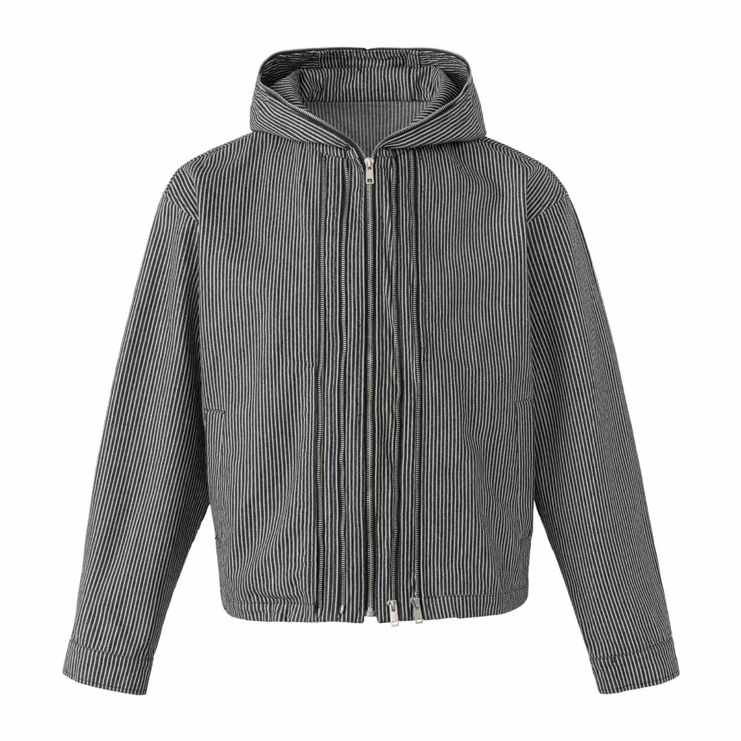 Unisex Striped Hoodie Blouson Jacket with Double Zipper and Elastic Hem Mune Fashion