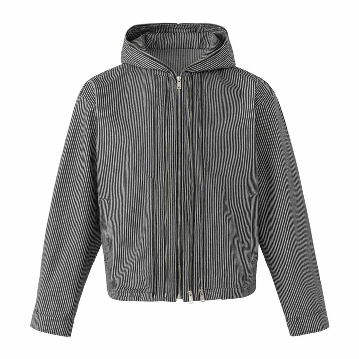 Unisex Striped Hoodie Blouson Jacket with Double Zipper and Elastic Hem Mune Fashion