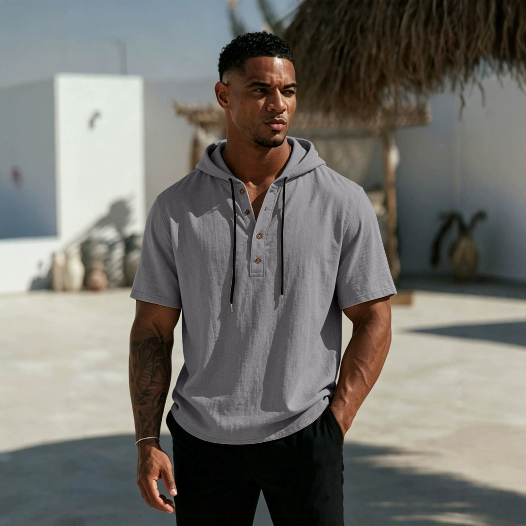 Men's Short Sleeve Hoodie Henley in Linen Look with Button Placket Mune Fashion
