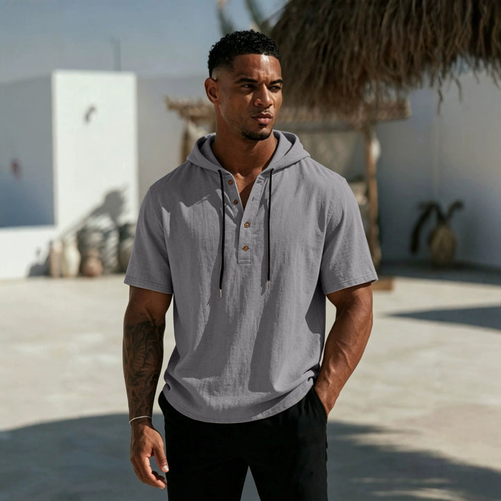 Men's Short Sleeve Hoodie Henley in Linen Look with Button Placket Mune Fashion