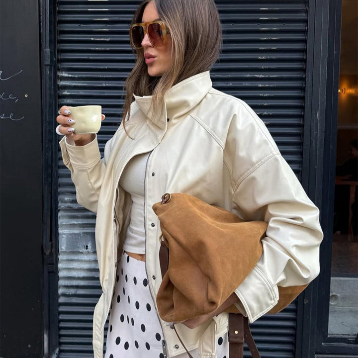 Women's Oversized Faux Leather Jacket with Stand Collar and Drawstring Mune Fashion