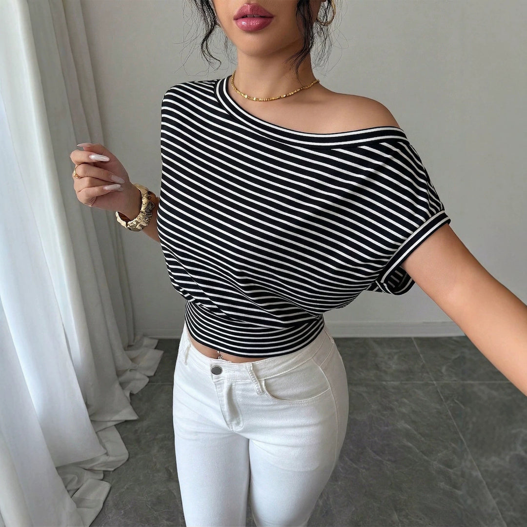 Women Striped Off-Shoulder Cropped Shirt with fitted waist Mune Fashion