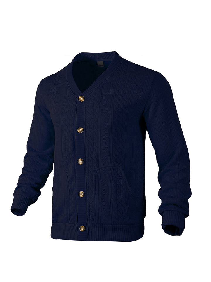 Men's elegant braided knit cardigan with V-neck button placket and patch pockets Mune Fashion