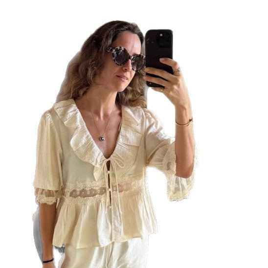 Women Romantic Linen Blouse with Ruffles, Lace Inserts & Cord Closure Mune Fashion