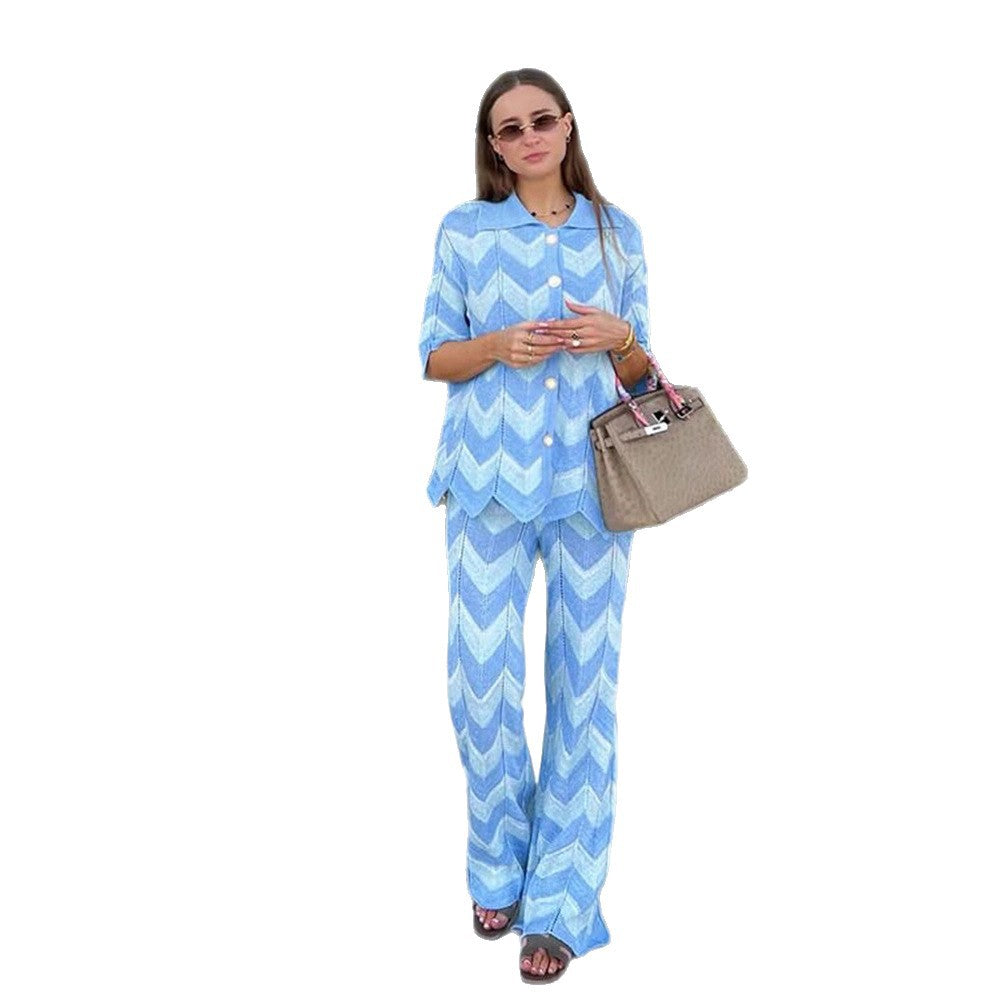 Women's fine knit two-piece set in chevron pattern with shirt collar and wide leg Mune Fashion