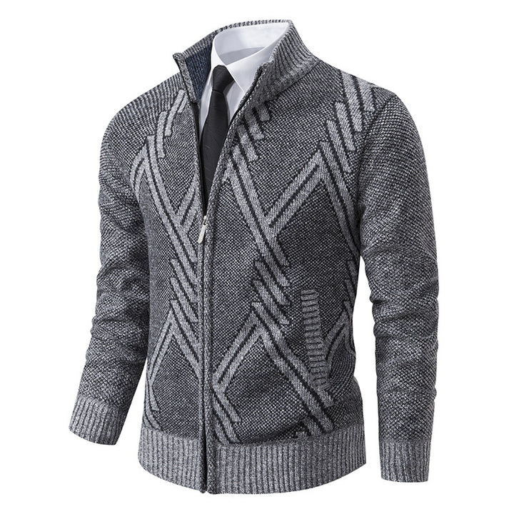 Men's Chunky Knit Zip Cardigan with Stand-Up Collar and Geometric Structure Pattern Mune Fashion
