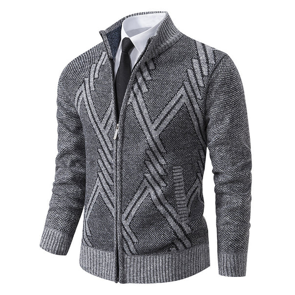Men's knit zip cardigan with stand-up collar and textured jacquard pattern Mune Fashion