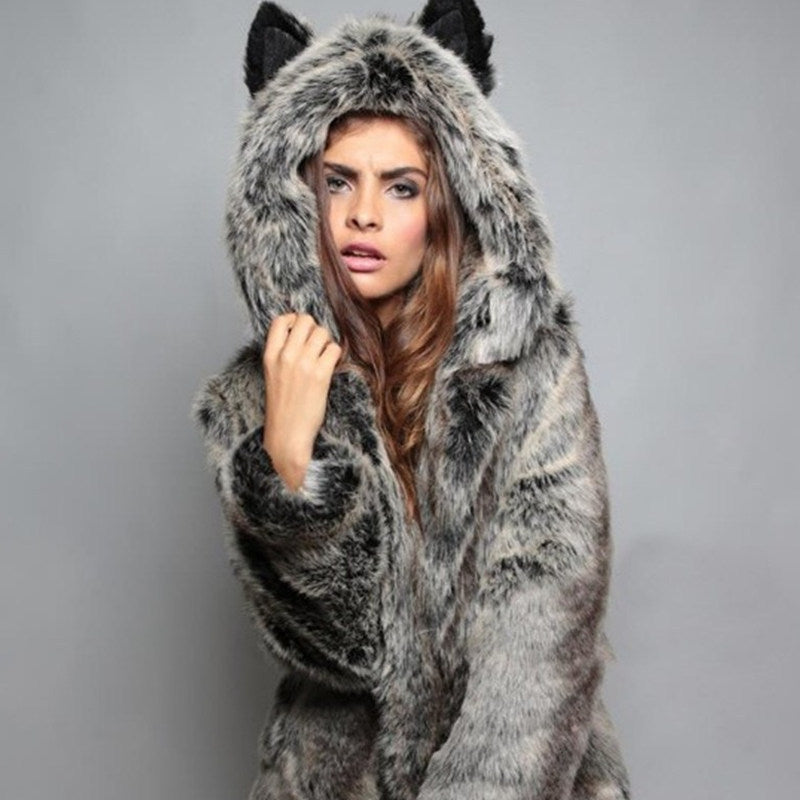Women's Short Hooded Jacket made of vegan high-pile synthetic fur with cat ears and tailored silhouette Mune Fashion