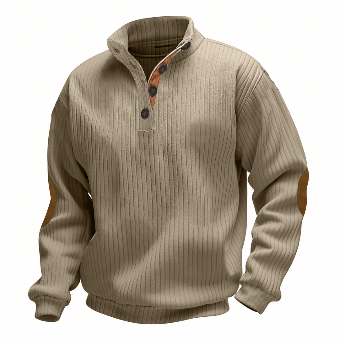 Men's cable knit turtleneck with stand-up collar, half button placket, and contrasting leather applications Mune Fashion
