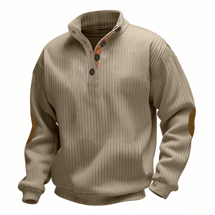 Men's cable knit turtleneck with stand-up collar, half button placket, and contrasting leather applications Mune Fashion