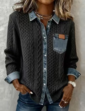 Women’s knit cardigan with denim-look collar, decorative button placket and chest pocket Mune Fashion
