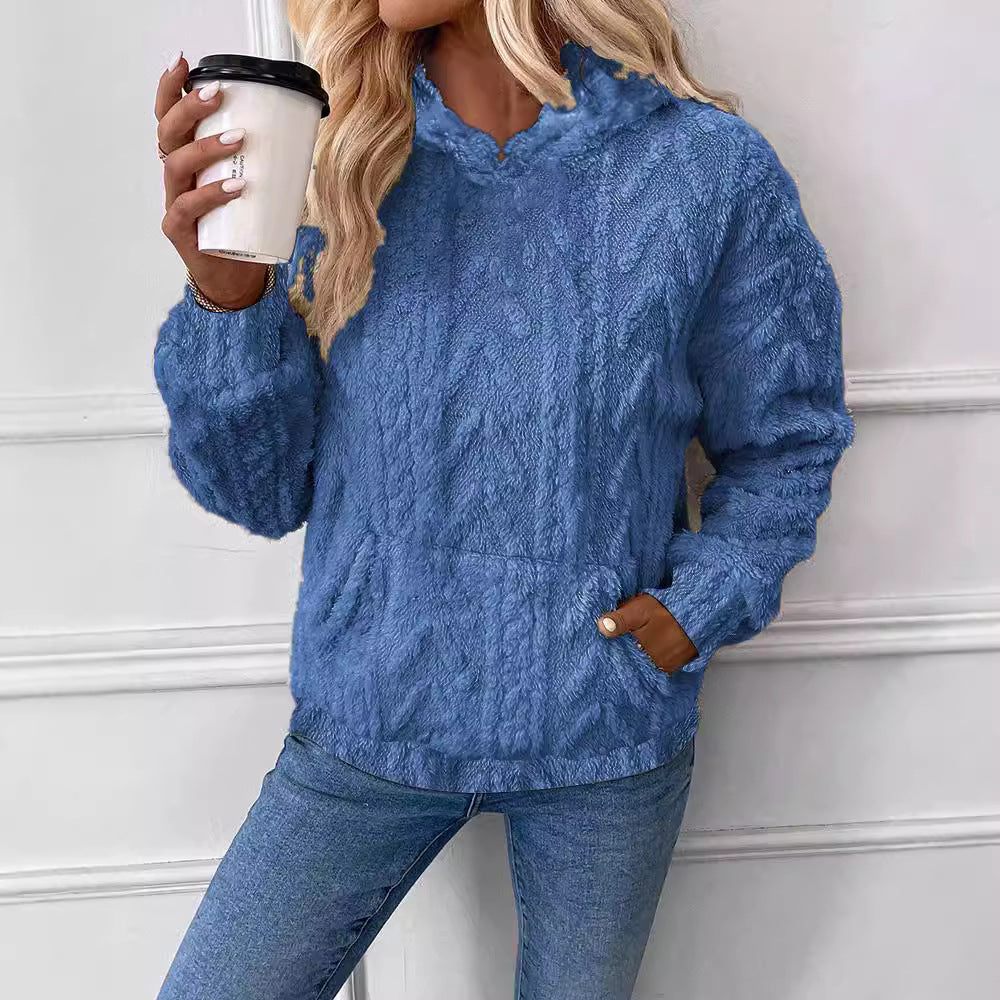 Women's cozy teddy fleece pullover with kangaroo pocket and light stand-up collar Mune Fashion