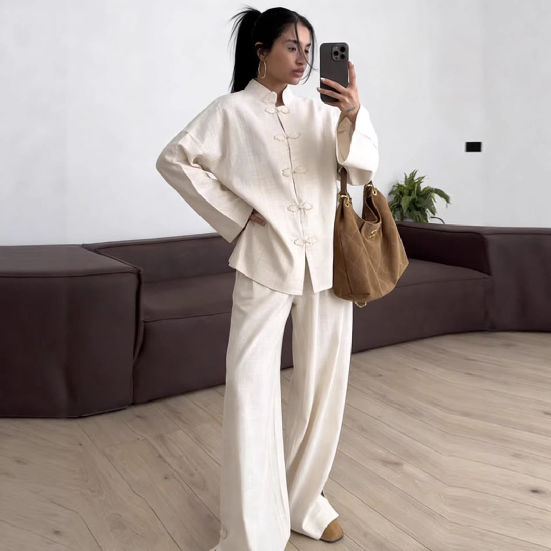Women's Oversized Chinese Collar Blouse with Traditional Knot Closures and Wide Sleeves Mune Fashion