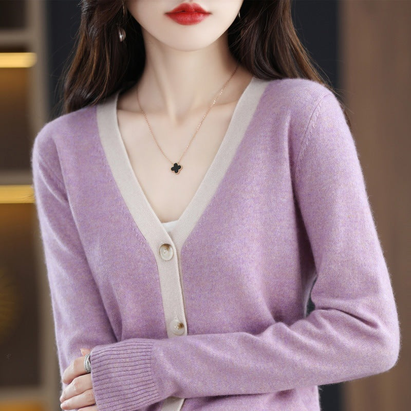 Women Contrast Trim V-Neck Fine Knit Cardigan with Mother-of-Pearl Buttons Mune Fashion